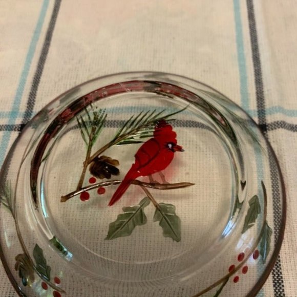 Cardinal & Holly on a Clear Glass Dish with Red Ri - Picture 8 of 11